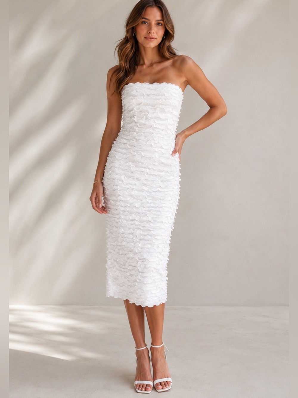 Gianni Bini White Strapless Ruffle Midi Dress with Pearl Details